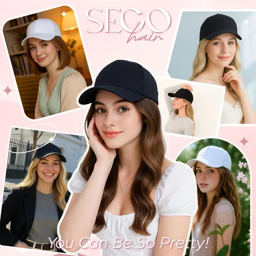 Miniatura 6 de SEGO - Peluca de gorra con pelo adjunto para mujer, gorra negra de béisbol con extensiones de pelo, gorra de béisbol larga y ondulada con ajuste