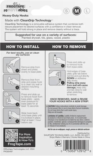 Miniatura 12 de Ganchos adhesivos de pared resistentes FrogTape reMOVEables, sin daños, fáciles de quitar y reutilizar, incluye 2 ganchos y 4 tiras para colgar
