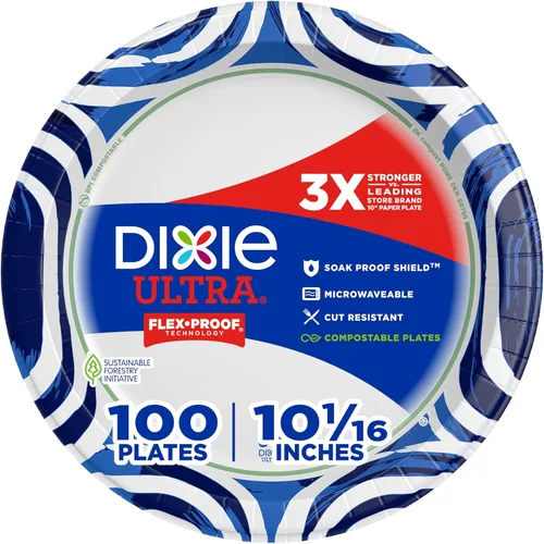 Miniatura 10 de Dixie Platos de papel ultragrandes, 10 pulgadas, 44 unidades, 3 veces más fuertes, resistentes, aptos para microondas, a prueba de remojo