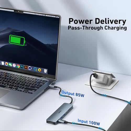 Miniatura 4 de BENFEI Concentrador USB C 7 en 1 con HDMI (4K@60Hz), 2 USB-A, 1 USB-C de datos, carga de 100W, lector de tarjetas SD/TF, cable sin enredos