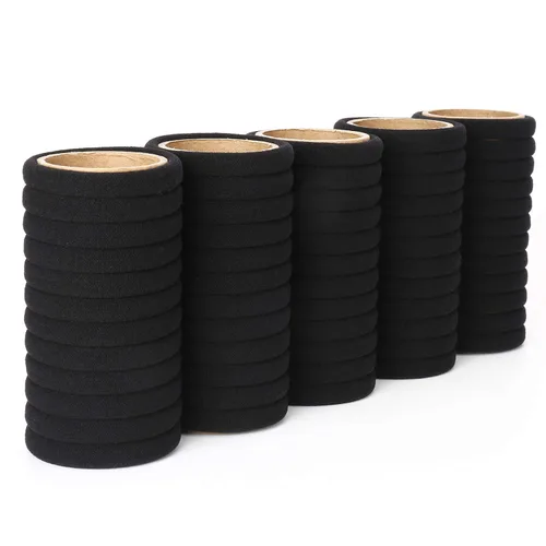 Miniatura 3 de 50 ligas negras para el cabello para mujer, bandas de algodón sin costuras, soportes elásticos para cola de caballo, no dañan el cabello grueso, 2
