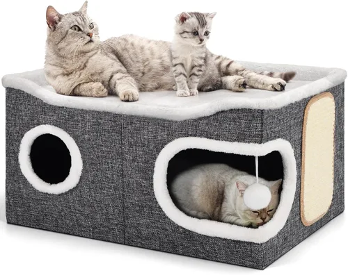 Miniatura 17 de Casa de Gato de 2 Pisos para Gatos de Interior, Separable en 2 Grandes Camas de Gato Cueva con Condominios Escondidos, Almohadillas para Rascar