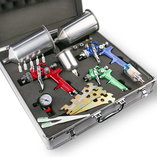 ETOSHA HVLP - Juego de 3 pistolas de pulverización, imprimación de pintura automática con regulador de aire y kit de mantenimiento, pulverizador de