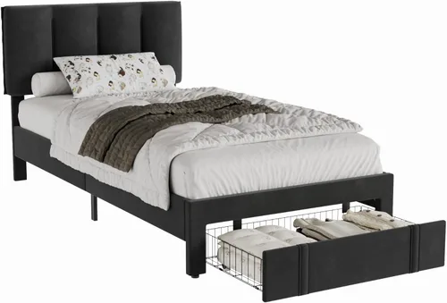 Miniatura 9 de VECELO Base de cama de tamaño individual con cajón de almacenamiento, base de cama de plataforma resistente con cabecera y fuerte soporte de Negro