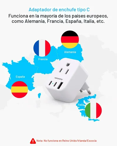Miniatura 6 de Adaptador de enchufe de viaje europeo USB C, adaptador de enchufe internacional HANYCONY de EE. UU. a Europa, enchufe de 2 tomas, 3 puertos USB