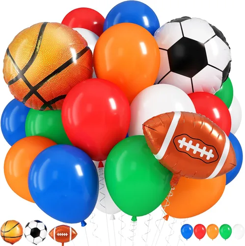 Miniatura 24 de Globos de fútbol, globos de látex blanco y negro de 12 pulgadas con balón de fútbol de 22 pulgadas, globo de aluminio 4D para niños, decoración