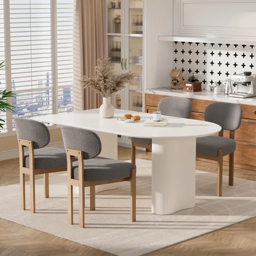 Miniatura 9 de Juego de mesa de comedor moderna para 6, 7 piezas, color crema, mesa de comedor ovalada blanca de 63 pulgadas con 6 sillas beige para apartamento, 1