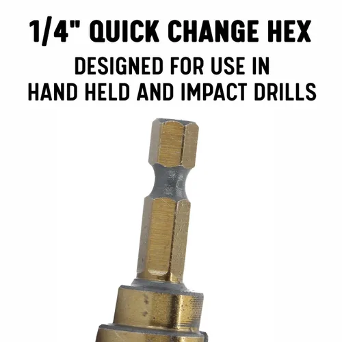 Miniatura 4 de Drill America #4 HSS - Broca escalonada negra y dorada con vástago hexagonal de cambio rápido (3/16" - 7/8" por 1/16")