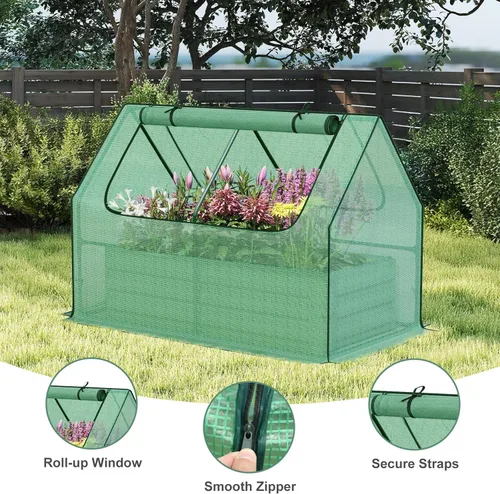 Miniatura 5 de Aoodor Kit de invernadero elevado de 4 pies x 2 pies x 1 pie con cama metálica elevada con 2 puertas enrollables con cremallera, para verduras, Verde