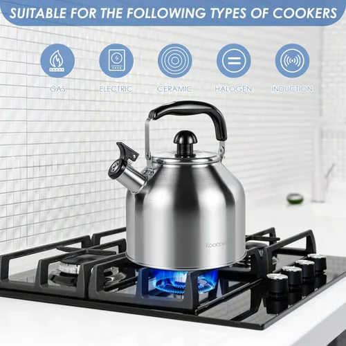 Miniatura 3 de Hervidor de té silbante grande de 4.2 cuartos de galón/4L, acero inoxidable 304 satinado cepillado, hervir rápido para estufas de inducción y gas