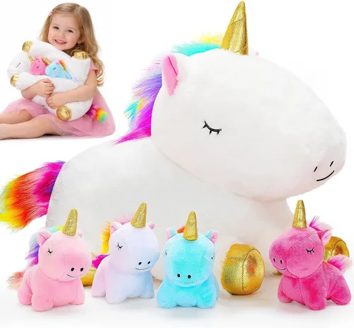 KMUYSL Juguetes para Niñas de 0 1 2 3 4 5 6 7 8+ Años – Animal de Peluche de Unicornio Mamá con 4 Bebés Unicornios en su Barriguita, Set de Juguetes