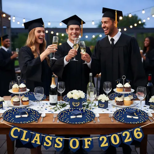 Miniatura 5 de 30 platos azul marino de 10 x 12 pulgadas, platos ovalados de papel azul y dorado, platos desechables grandes para fiestas de graduación