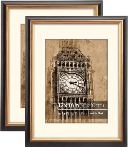 Miniatura 19 de Marco de fotos vintage neutro de 2 tonos de caoba negra y latón antiguo de 8 x 8 pulgadas, perfil de madera real pintado a mano, con paspartú