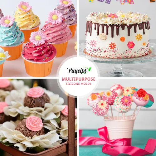 Miniatura 7 de Puyeipt 4 piezas de moldes de silicona para fondant con forma de flores, moldes de chocolate y caramelo con forma de margarita y rosa para la parte