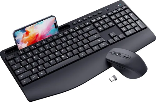 Combinación ergonómica de teclado y mouse inalámbricos, LIZRROT 2.4 GHz, silencioso, de longitud completa, soporte de muñeca, soporte para teléfono,