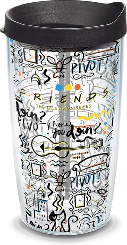 Taza de viaje Tervis con patrón de amigos fabricada en Estados Unidos, de doble pared aislada, mantiene las bebidas frías y calientes, 16 onzas,