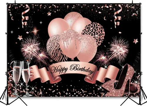 Miniatura 3 de InMemory Telón de fondo de cumpleaños de oro rosa para mujeres y niñas, fondo de fotografía de feliz cumpleaños, globos con purpurina, tacones