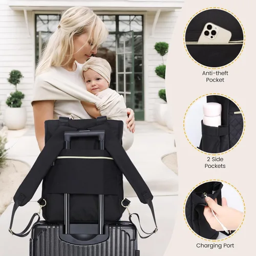 Miniatura 6 de LOVEVOOK Mochila para pañales con bolsillos aislados, bolsa de bebé para niñas y niños con cambiador, bolsa de pañales grande con funda para Negro