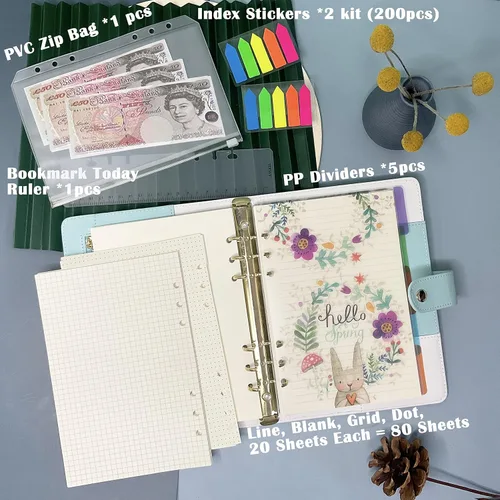 Miniatura 7 de Kit de papel de recarga A5, 160 páginas de inserciones para cuaderno Filofax de 6 agujeros JournalDot Line Grid en blanco, 100 GSM, con accesorios