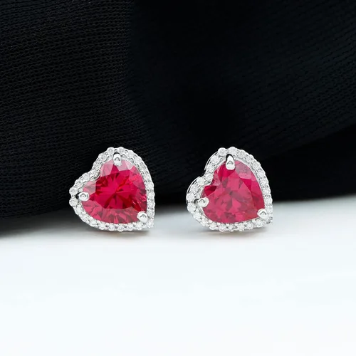 Miniatura 6 de 3.5 CT Lab Created Ruby and Moissanite Earrings, Created Ruby Stud Earrings with Moissanite Halo, Created Ruby Heart Stud Earrings, 14K Solid Gold