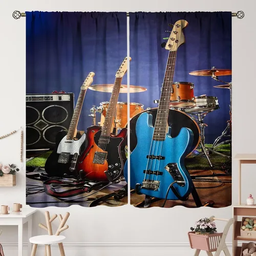 Miniatura 46 de Cortinas de notas musicales, rústicas, mágicas, notas musicales, arte retro, piano y violín, cortina con bolsillo para barra para dormitorio, sala