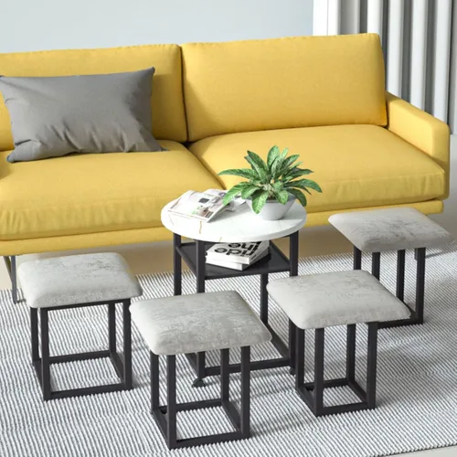Miniatura 4 de Mesa de comedor combinada 5 en 1 con 4 taburetes, mesa auxiliar anidable que ahorra espacio, taburete otomano apilable, reposapiés, sofá y mesa