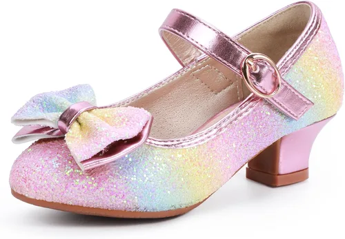 Miniatura 7 de PANDANINJIA Vestido de jada para niñas y niños pequeños, zapatos de princesa Mary Jane con tacones con lazo para fiesta, boda, boda