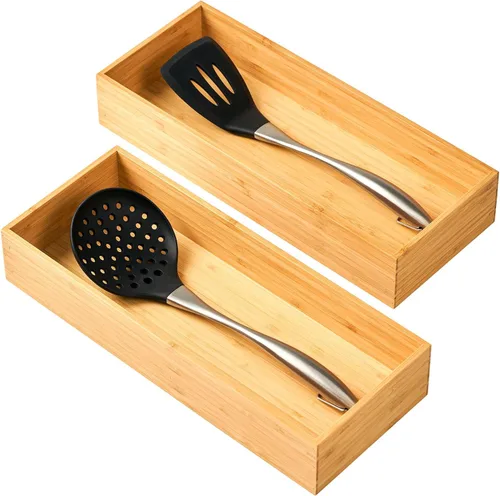 Miniatura 8 de Umilife Organizador de cajones de cocina de bambú, bandeja de cubiertos extra alta, caja de almacenamiento de cubiertos, soporte multiusos