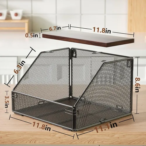 Miniatura 2 de Cesta de frutas apilable para encimera de cocina, ahorro de espacio, cesta de alambre de malla de metal montada en la pared con tapa de madera, Negro