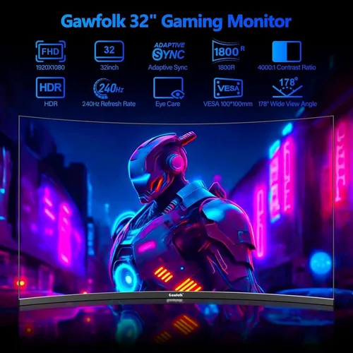 Miniatura 2 de Gawfolk Monitor curvo de juegos de 32 pulgadas 240Hz pantalla de PC Full HD 1080P, pantalla de computadora curvada sin marco 1800R, FreeSync, ángulo