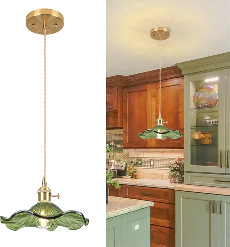 Miniatura 13 de Luces Colgantes para Isla de Cocina, Luz Colgante de Cristal Verde Accesorios de Iluminación Vintage, 9.4 pulgadas E26 Acabado Lámpara Colgante