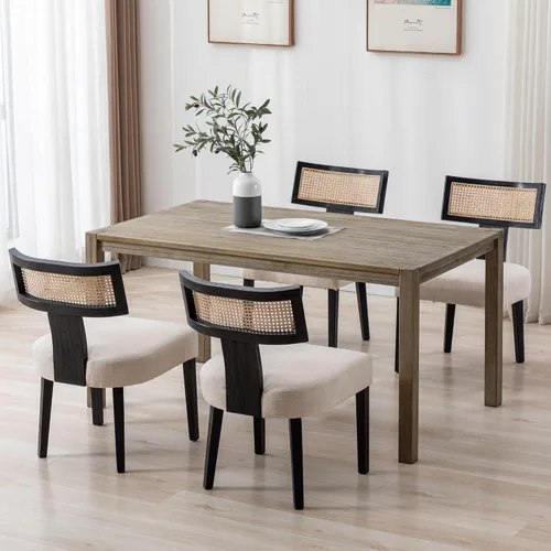 Miniatura 6 de BESTANO Juego de 2 sillas de comedor de ratán, modernas sillas de comedor de madera negra de mediados de siglo, sillas de comedor tapizadas de tela