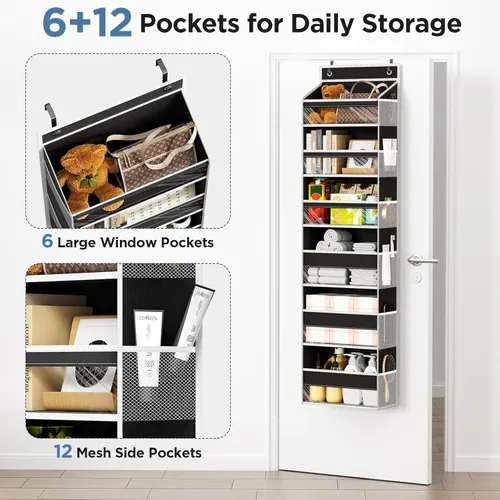 Miniatura 4 de Mefirt Organizador para colgar sobre la puerta, 6 estantes para colgar en la puerta con 6 bolsillos de gran capacidad, estantes colgantes para Negro