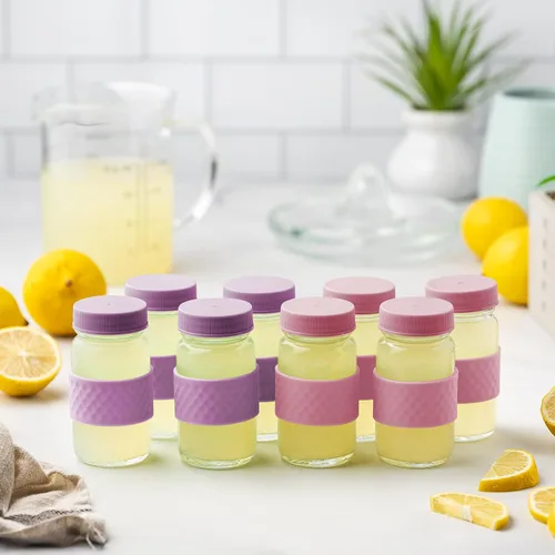 Miniatura 4 de Botellas de vidrio para jugo con tapas, transparentes, 2 oz, tapas de colores y bandas de agarre de silicona, almacenamiento de bebidas, para jugos