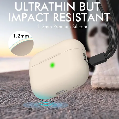 Miniatura 5 de NIUTRENDZ Funda para AirPods Pro 2 2022, funda protectora delgada de silicona que absorbe los golpes con cordón [LED frontal visible] (beige)