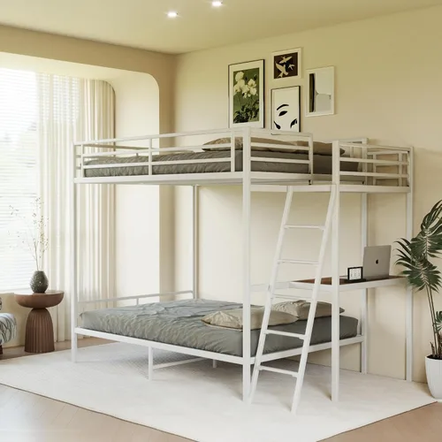 Miniatura 16 de KEIKI Litera Full sobre Twin con Estación de Carga, Cama Alta de Metal con Escritorio & Protector de Seguridad & Escaleras, Marco de Cama de Metal