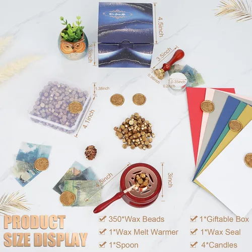 Miniatura 2 de Kit de sello de cera - Juego de 357 piezas con cuentas de cera, sello de cera, calentador, cuchara, velas - Sobres vintage, cartas, manualidades