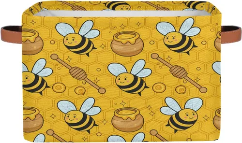 AUUXVA Cesta de almacenamiento de animales de abeja, panal de abeja, colmena, patrón geométrico, caja de almacenamiento de lona duradera, plegable,