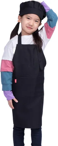 Juego de delantal y gorro de chef para niños, delantal ajustable con babero para niños con 2 bolsillos. Lindo delantal de cocina para niños y niñas
