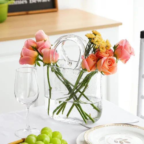 Miniatura 6 de Fixwal Jarrón de Bolso de Vidrio para Flores, Jarrones Transparentes con Asa en Forma de Bolso, Jarrones Decorativos Únicos y Lindos