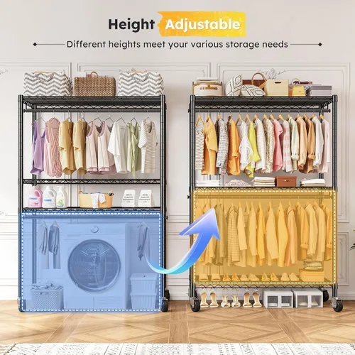 Miniatura 4 de Raybee Perchero de ropa de 45 pulgadas de ancho para colgar ropa, perchero con ruedas y pies ajustables, carga máxima de 440 libras, color negro