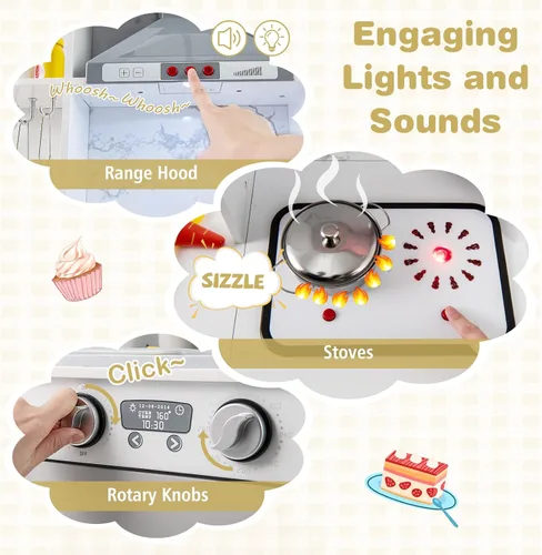 Miniatura 3 de Costzon Cocina de esquina para niños, juego de cocina de madera con circulación de agua, luz y sonido reales, microondas, campana extractora, gris
