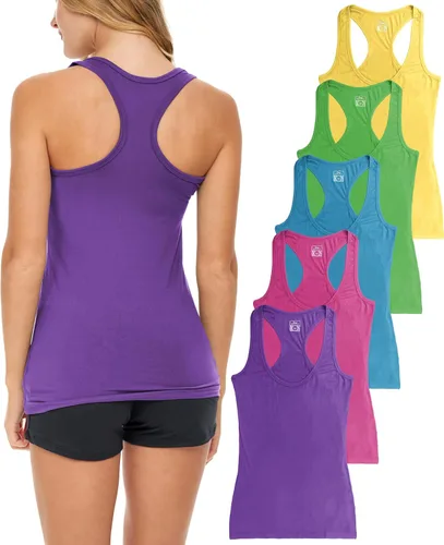 Miniatura 15 de Sexy Basics Paquete de 5 camisetas sin mangas PowerFlex con espalda nadadora para mujer / Camisetas sin mangas elásticas de algodón y elastano