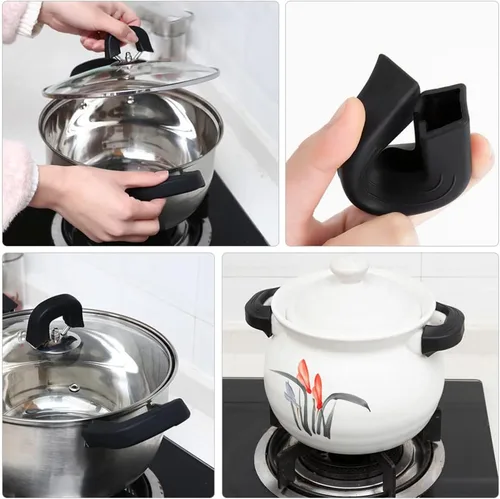 Miniatura 7 de Cabilock Funda de silicona con orejas de olla para mango, 6 unidades, cubierta de mango para olla, protectores para woks, sopa, color negro