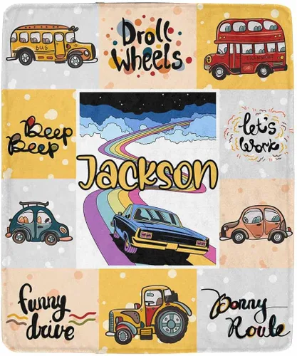 Miniatura 15 de Artsadd Mantas personalizadas con nombre y diseño de transporte para bebé niño de 30 x 40 pulgadas, manta personalizada de camión con nombre