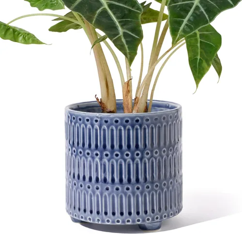 STHIE Macetas de cerámica de 5 pulgadas para plantas de interior, macetas de serpiente de cactus azules con drenaje, maceta redonda de diseño único