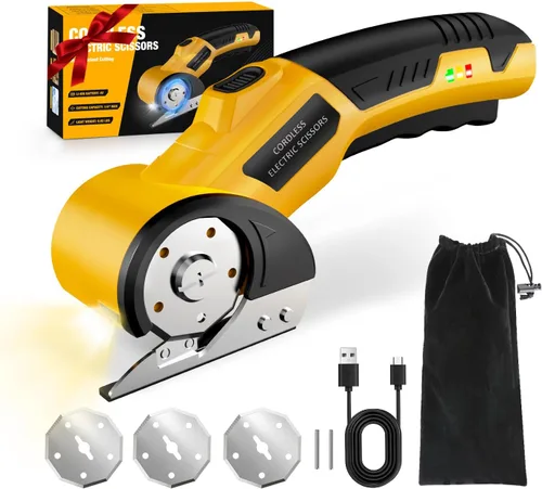 Tijeras Eléctricas Inalámbricas: Cortador de Cartón Recargable de 4V, 3 Cuchillas, Bloqueo de Seguridad y Luz LED, Cortador de Caja para Cartón,
