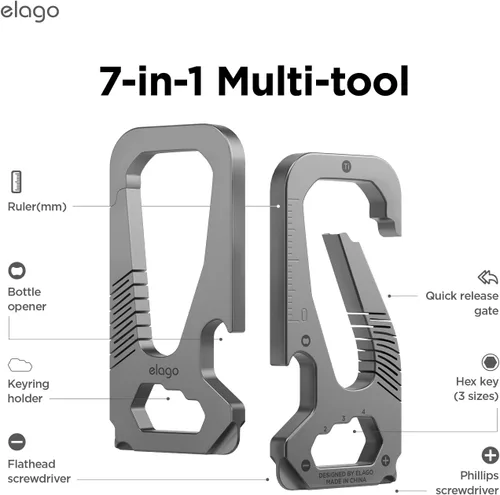 Miniatura 3 de elago Llavero mosquetón EDC de titanio multiherramienta con destornillador, cabeza plana, llave hexagonal, regla, abrebotellas, multifuncional