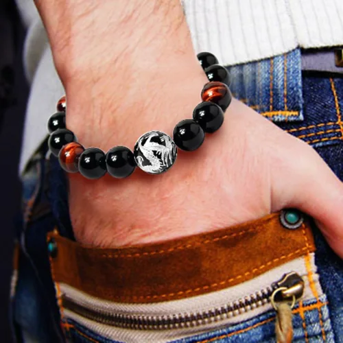 Miniatura 8 de Merdia - Pulsera elástica para hombre, diseño de ojo de tigre con cuentas de dragón y rey (plateado y amarillo)