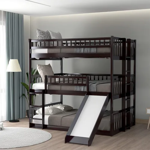 Harper & Bright Designs Literas triples con tobogán, 3 literas de tamaño matrimonial sobre cama matrimonial sobre cama matrimonial, cama triple con